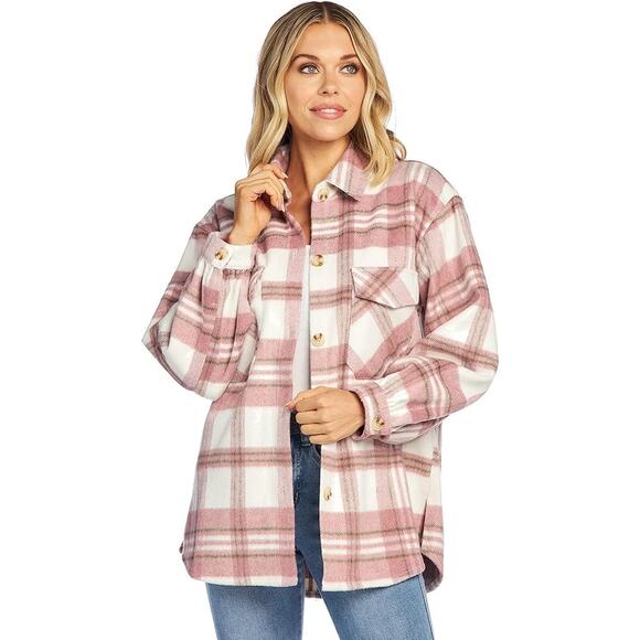 Mud Pie Women’s Medium Highland Plaid Shacket Jacket Button Up Shirt Pink Cream - Picture 1 of 10